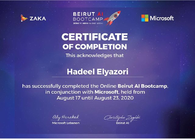 Beirut AI Bootcamp certificate of completion
