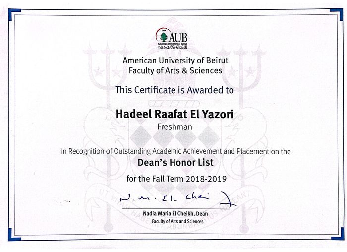 Dean's Honor List certificate, Fall 2018 to 2019