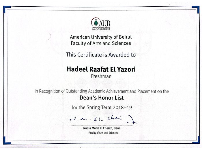 Dean's Honor List certificate, Spring 2018 to 2019