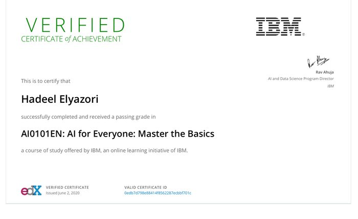 IBM AI for Everyone verified certificate from edX