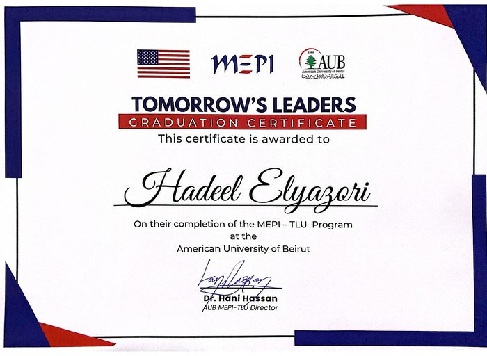 MEPI Tomorrow's Leaders graduation certificate