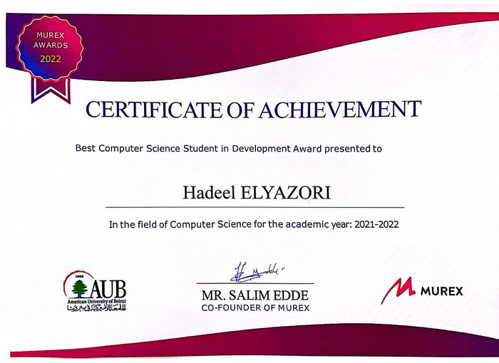 Murex certificate of achievement, Best Computer Science Student in Development, 2021 to 2022