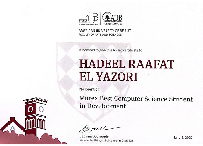 AUB Faculty of Arts and Sciences award certificate, Murex Best Computer Science Student in Development, June 2022