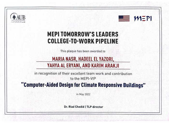 MEPI Tomorrow's Leaders College-to-Work Pipeline plaque for Computer-Aided Design for Climate Responsive Buildings