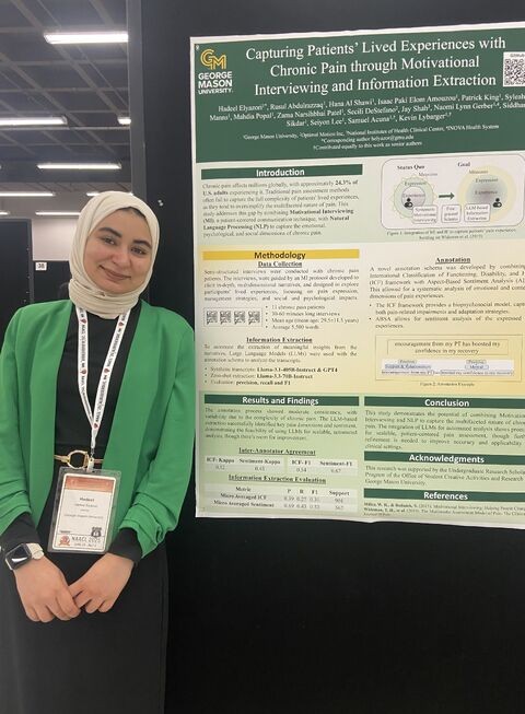 Hadeel standing beside her poster on chronic pain, motivational interviewing and information extraction